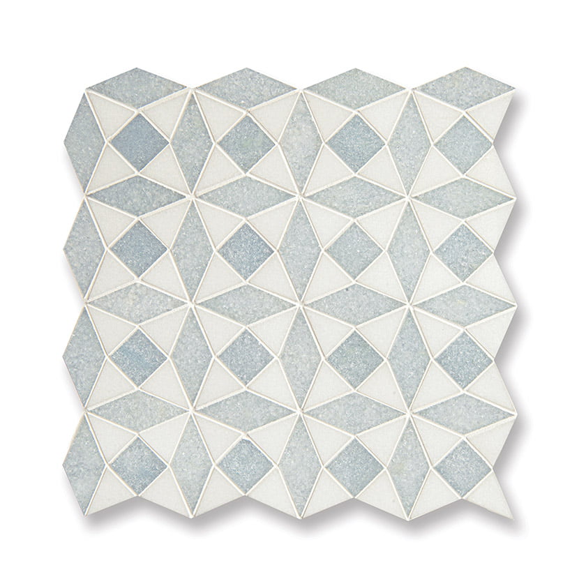 New Ravenna's Esmeralda, a hand-cut mosaic in polished Thassos and Celeste.