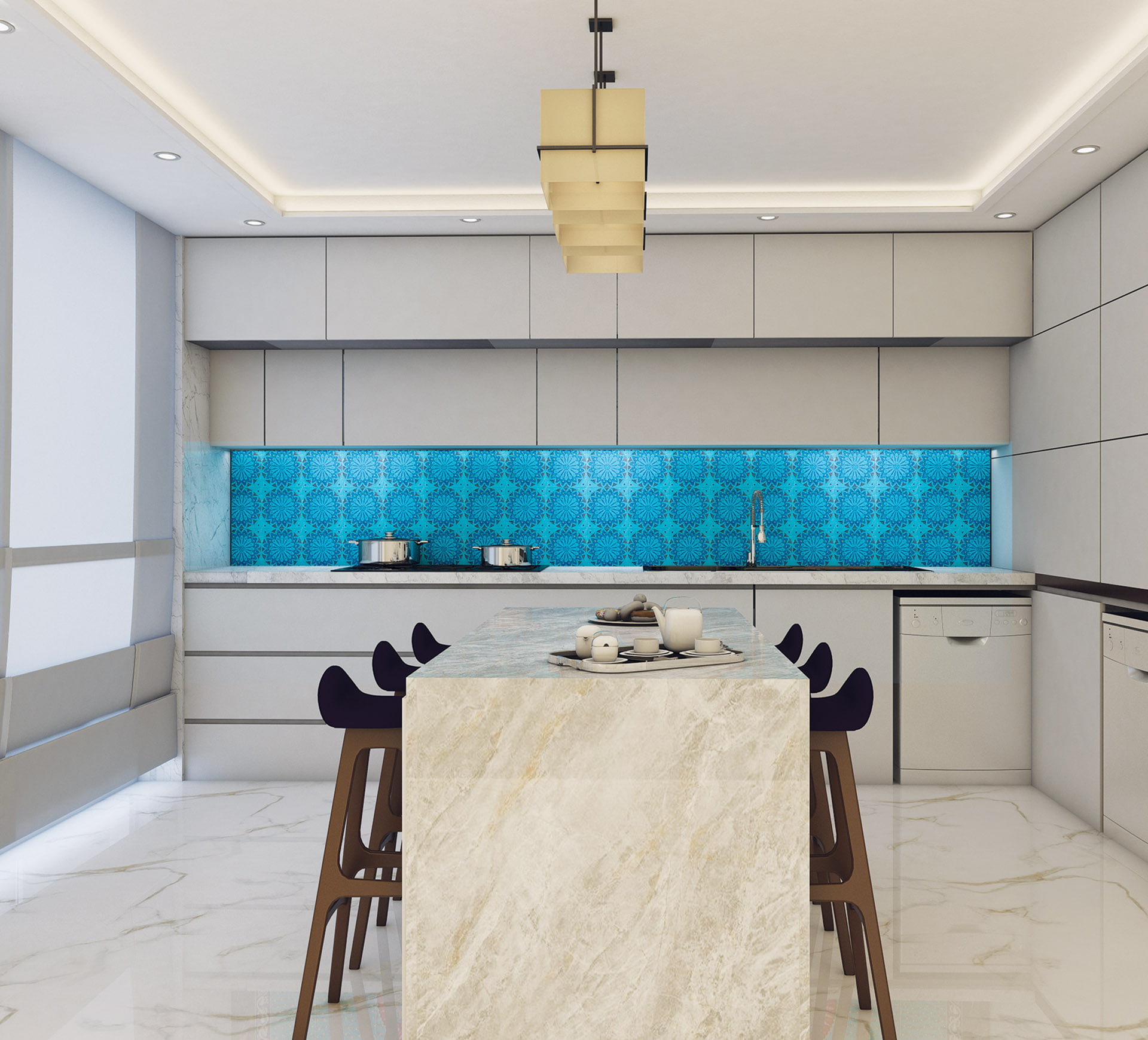 Tiles painted in turquoise sunbursts brighten a kitchen backsplash.